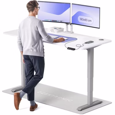 Desktronic Bureau assis debout HomePro 180x80cm – Électrique Réglable en Hauteur – Chargeur USB/USB-C – Gris/Blanc