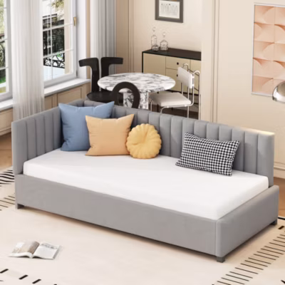 Lit Banquette 90×200 cm – Lit avec sommier à lattes, velours gris, sans matelas