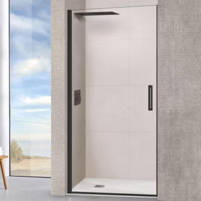Porte de douche pivotante gauche – Paroi de douche L.80 x H195 cm – Verre trempé 6mm anti calcaire – Noir Mat – SUPERBAN