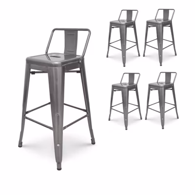 Lot de 4 tabourets de bar en métal brut aspect galvanisé style industriel   Avec dossier   Hauteur 66cm