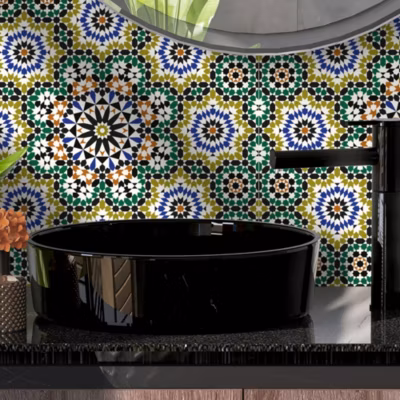 Crédence cuisine adhésive en vinyle modèle VILLA MARRAKECH vert, 200 x 40 cm, design raccordable