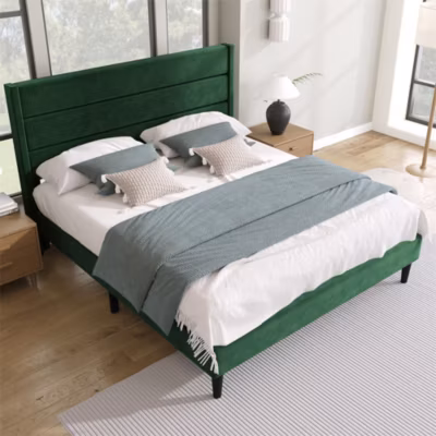 Lit adulte lit 140×200 cm lit rembourré lit sommier à lattes Single velours vert foncé