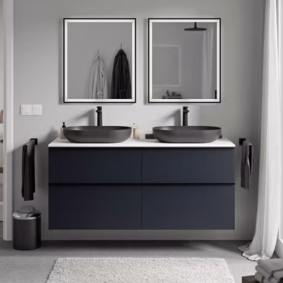 Meuble sous vasque suspendu MDF Bleu nuit mat, plan vasque Blanc mat, poignée Chrome – 120x46x62cm – LAVOA