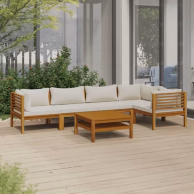 vidaXL Salon de jardin 6 pcs avec coussin crème Bois d&rsquo;acacia solide