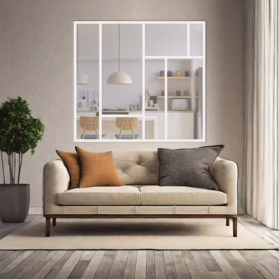 Verrière ArtDéco 7 – L x H : 150 x 150 cm – Laqué blanc 9003 granité – vitrages inclus