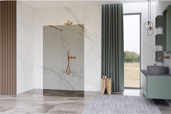 Douche à l&rsquo;italienne autoportante FugaFlow Eccelente Vetro – 120x200cm – Verre fumé – anticalcaire – Verre de sécurité 8mm – avec bras muraux – Koper brossé –
