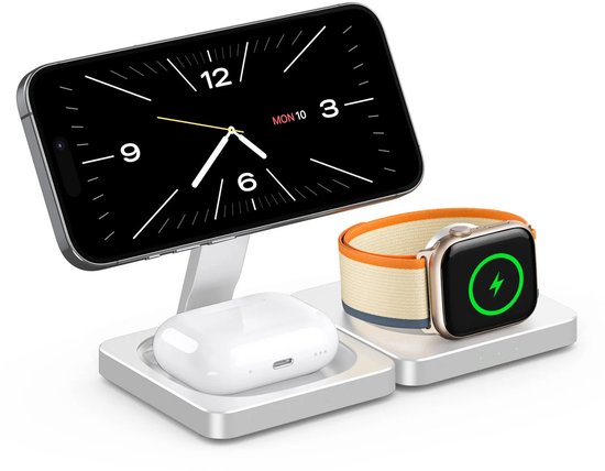 DrPhone ChargePro2 – Support de charge sans fil pliable 3 en 1 – MagSafe – Compatible avec iPhone 16/15/14/13/12 – Apple Watch Ultra/10/9/8/7 – AirPods Pro/2/3 – Charge rapide – Compact et pratique – Wit