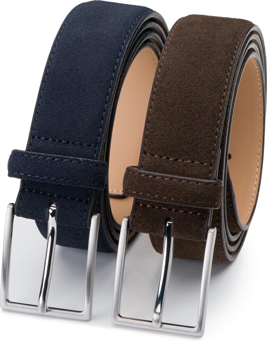 DTCH. FIT Ceinture Homme Suede Bobby – Riem Blauw & Marron Foncé – Ceinture Pantalon & Jeans – Taille Ceinture 105cm – Longueur Totale 120cm – 2 Pièces