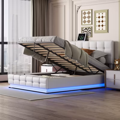 Lit Coffre 140×200 Avec Éclairage LED, Lit Capitonné Avec Sommier à Lattes, Lit Double, Blanc