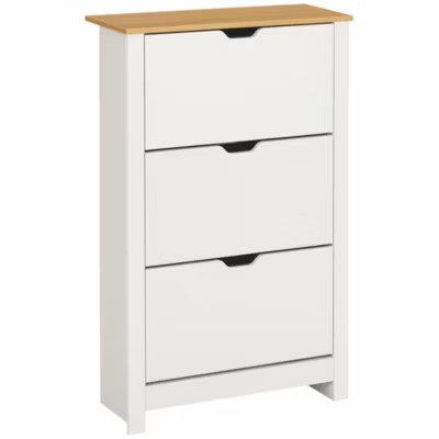 Armoire à chaussures 3 portes abattantes 2 compartiments panneaux particules blanc chêne