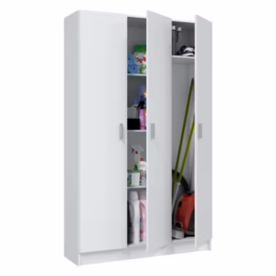 Armoire polyvalente Dains, Armoire auxiliaire avec 3 portes, Armoire à balais, 109x37h180 cm, Blanc