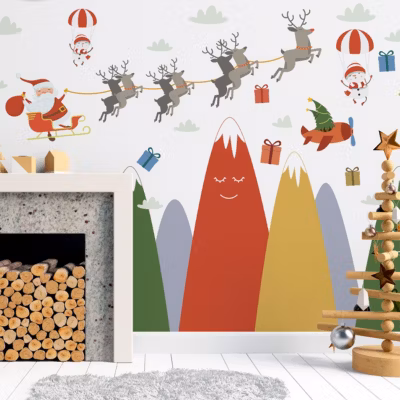 Stickers montagnes le père Noël et ses rennes 80 x 120 cm