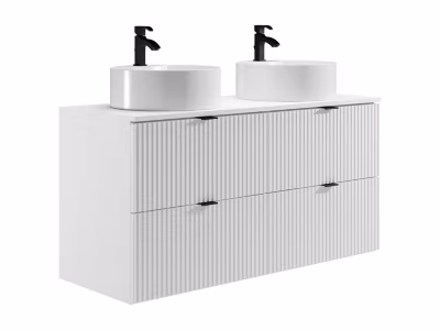 Meuble de salle de bain suspendu strié avec vasque à poser ronde – Blanc mat – 120 cm – ZEVINI