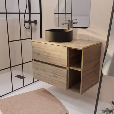 Meuble de salle de bains 80cm TIMBER Décor Chêne 2 Tiroirs et Module – Plan et Vasque Noire