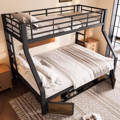 Lit Superposé 90×200 cm et 140×200 cm – Lit Enfant avec Échelle et Barrières, Rangement Intégré, Métal et MDF, Noir, Sans Matelas