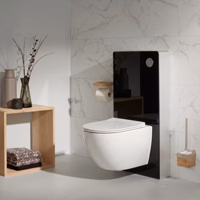 Pack WC suspendu gain de place bâti mural verre noir + cuvette sans bride Corolla