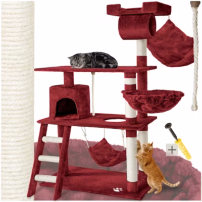 Arbre à chat 141 cm avec griffoir et plateforme d&rsquo;escalade rouge bordeaux