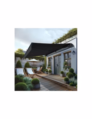 Store banne monobloc MEILE 4,80 x 3,50m (Motorisé à interrupteur + manœuvre de secours – Gris foncé – Gris anthracite)
