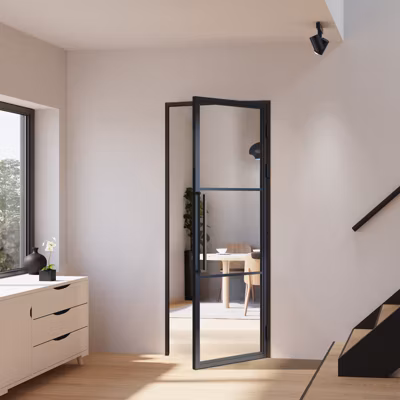 Schulte porte intérieure loft en verre – 83×204 atelier – noir mat – transparent – verrière – 3 vitrages – charnière droit