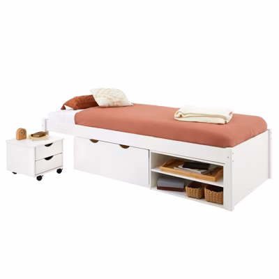 Lit fonctionnel SABRINA 90×190 cm, en pin massif lasuré blanc