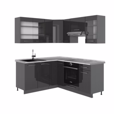 Vicco Cuisine en angle Anthracite Haute brillance 190x60cm , PT Marbre
