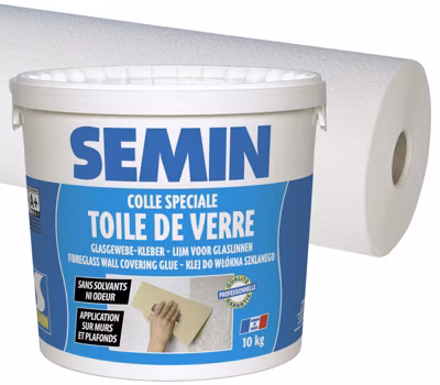 Colle en Pâte pour Toiles de Verre Semin, Seau de 10 kg et Toile de Verre pour Murs et Plafonds, Motif Crépi, 50 m x 1 m