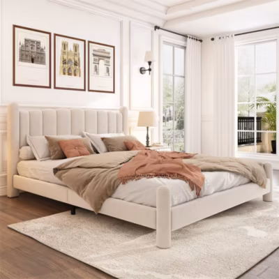 Lit adulte lit rembourré lit 180x200cm lit cadre à lattes en bois lit pieds de support cylindriques velours beige