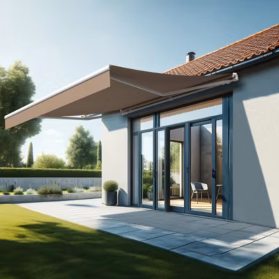 Store banne monobloc ESPAI 4,00×3,50m (Manuelle – Taupe – Blanc)