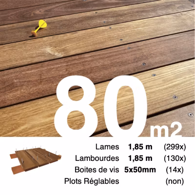 Kit terrasse bois exotique CUMARU pour 80 m², Lames 1,85 m, lambourdes 1,85 m et visserie Inox.