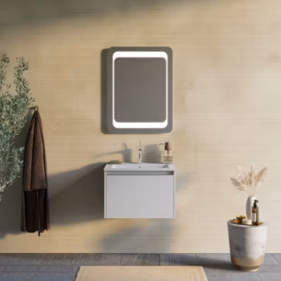 Meuble De Salle De Bain Gris Clair Mat 60Cm, Lavabo Et Miroir 60X80 – Monaco