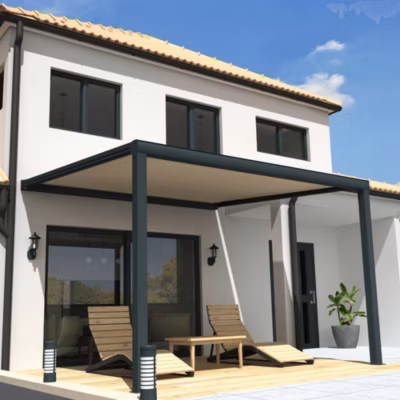 Pergola toile SUNLIGHT Gris anthracite – 4,00×3,00m (Motorisé à télécommande secours + Kit LED 1 coté – Ecru)