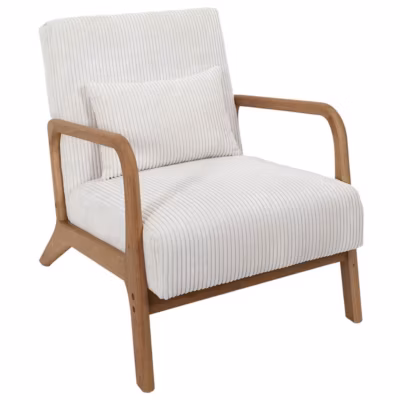 AMORY – Fauteuil en velours côtelé coloris crème pieds et accoudoirs en hévéa