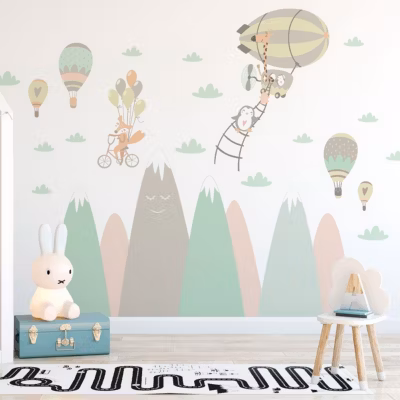 Stickers enfant montagnes scandinaves animaux joueurs 50 x 75 cm