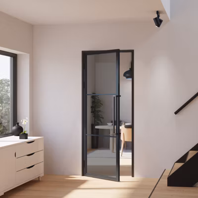 Porte intérieure loft en verre Schulte – bloc-porte – 83×211 – noir mat – verre fumé  – 3 vitrages – tirant gauche