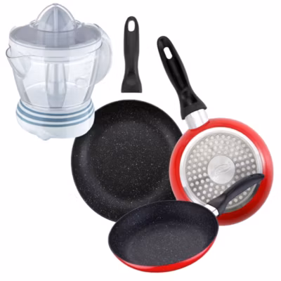 Ensemble de 3 poeles a frire San Ignacio en marbre rouge marine 16-20-24cm avec presse-agrumes