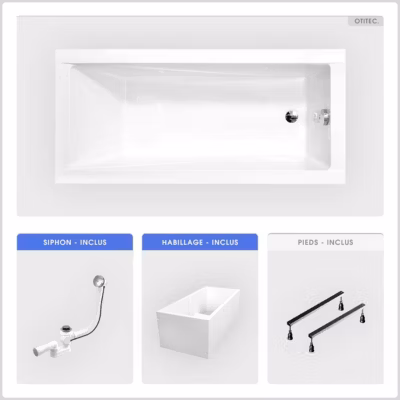 Baignoire rectangulaire – 160 x 70 cm – avec Habillage Polystyrène – Pieds – Vidage Chrome – MODERN SLIM