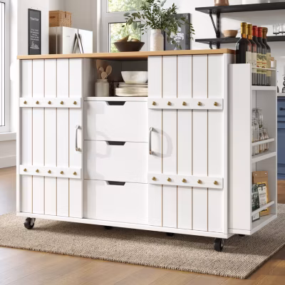 Îlot de Cuisine avec Tiroirs et Portes Coulissantes – Rangement sur Roulettes en MDF – 110x42x90 cm – Blanc