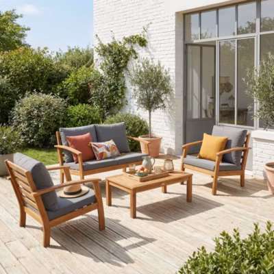 Salon de jardin en bois 4 places – Ushuaïa – Coussins Gris. canapé. fauteuils et table basse en acacia. design