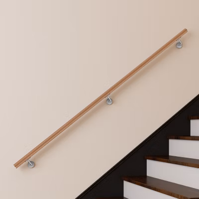 Main courante 220cm, inox 304, Design naturel aspect bois, rampe d&rsquo;escalier ronde, avec 3 supports muraux, intérieur & extérieur
