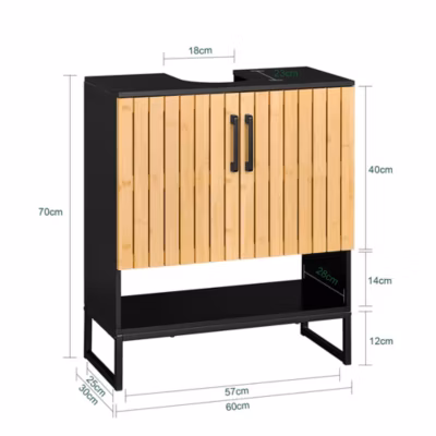 Meuble sous Lavabo Salle de Bain 60 cm en Bambou et Métal pour Espace Réduit, BZR202-SCH