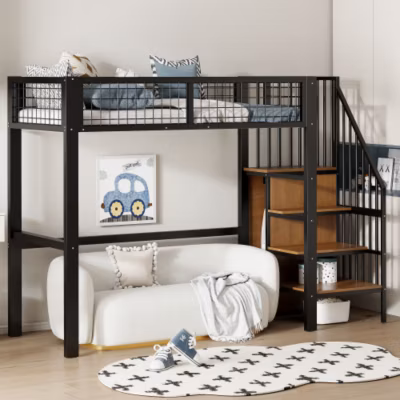 Lit mezzanine 90×200 cm en métal noir avec échelle étagère et penderie pour enfant ou adolescent