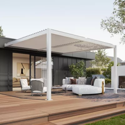Pergola bioclimatique adossée 3 x 3 m à lames orientables en aluminium – Blanc – Sunny Inch