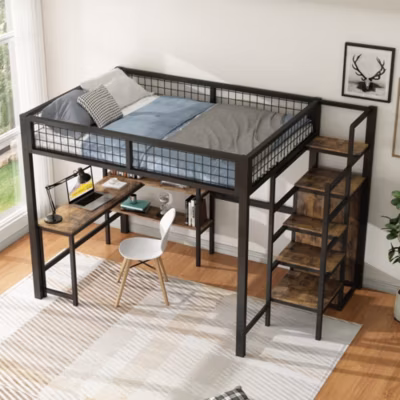 Lit mezzanine 140×200 cm noir en métal avec échelle de rangement, étagères multiples, armoire et bureau, sans matelas pratique
