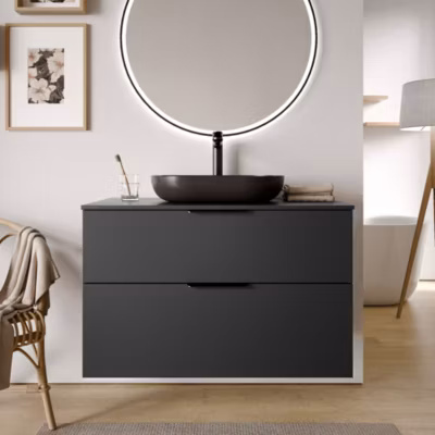 Meuble sous vasque suspendu MDF Noir mat 100x46x62cm, Plan lavabo Blanc brillant + 2 tiroirs poignée Chrome – TIM100