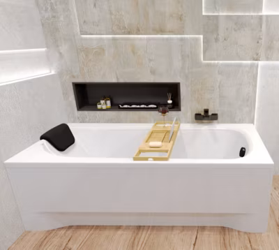 Baignoire rectangulaire 140 x 70 BONA acrylique blanc, sans Habillage + Repose Tête + Étagère bambou + Pieds + Vidage à chromé