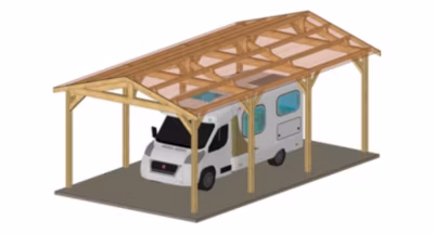 Carport deux pentes 500cmx800cm Bois DOUGLAS Français label PEFC  (Charpente – Auvent – Abri Camping-car) surface 40 m²