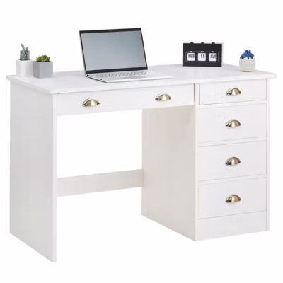 Bureau LANA avec 5 tiroirs en pin massif lasuré blanc