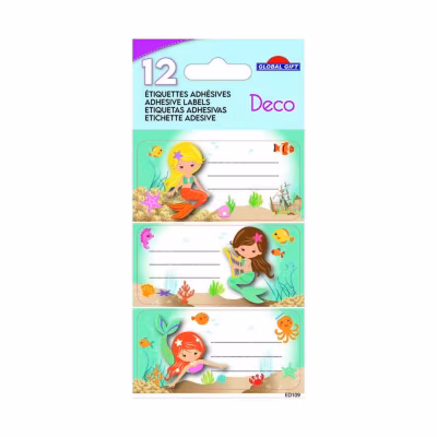 12 étiquettes adhésives scolaires – Rectangle – Sirènes – Paillettes