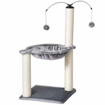 Arbre à chat 2 griffoirs grattoirs sisal naturel hamac jeu 2 boules suspendues peluche haute densité 400 g/m² gris