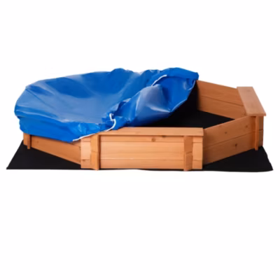 Bac à sable bois octogonal dim. 139,5 x 139,5 x 21,5 cm – 4 bancs – bâche de couverture, non tissé de sol inclus – bois sapin